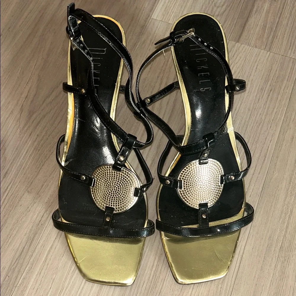 Nickels Wedge Heels 8.5 Black Gold Medallion Patent Leather Ankle Strap Dressy